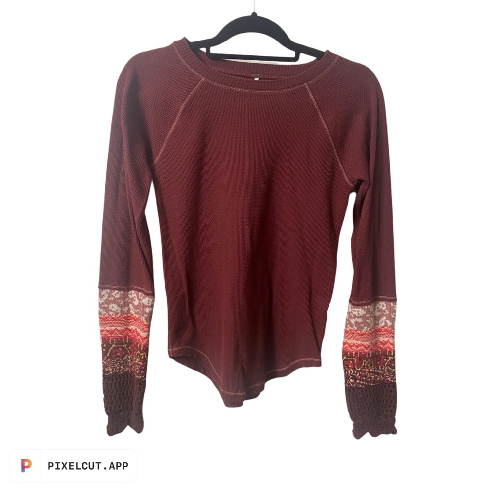 Free People Burgundy Maroon Henley Crochet Sleeves $78 NWOT